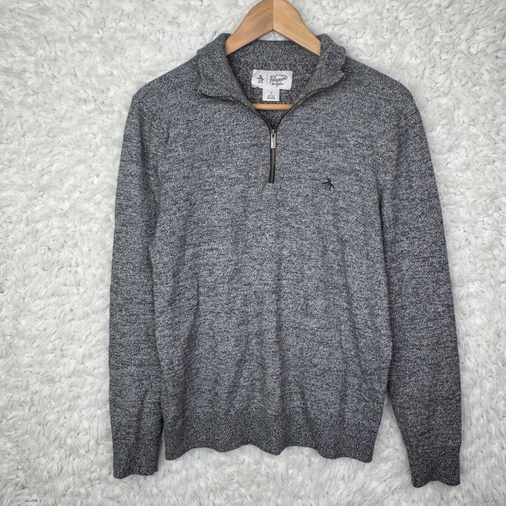 Original Penguin Mens Heather‎ Gray Cotton 1/4 Zip Pullover Sweater Sz M Classic